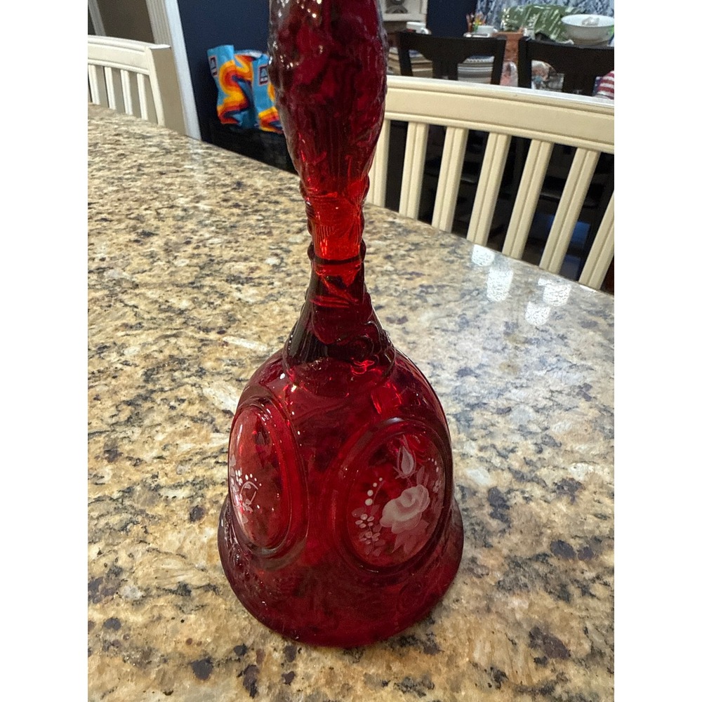 Fenton Ruby Red Glass Bell Hand‎ Painted White Roses Thumbprint Vintage signed